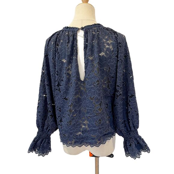 Free People Olivia Lace Blouse Blue Small Balloon Sleeves Feminine - Picture 4 of 9